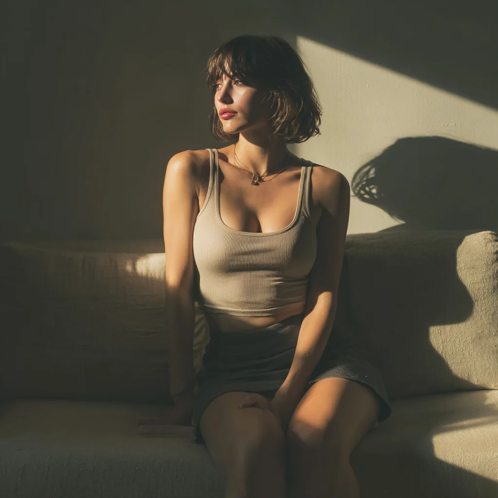 Simone Lux, the featured CamSoda AI companion, in a warm intimate cam portrait